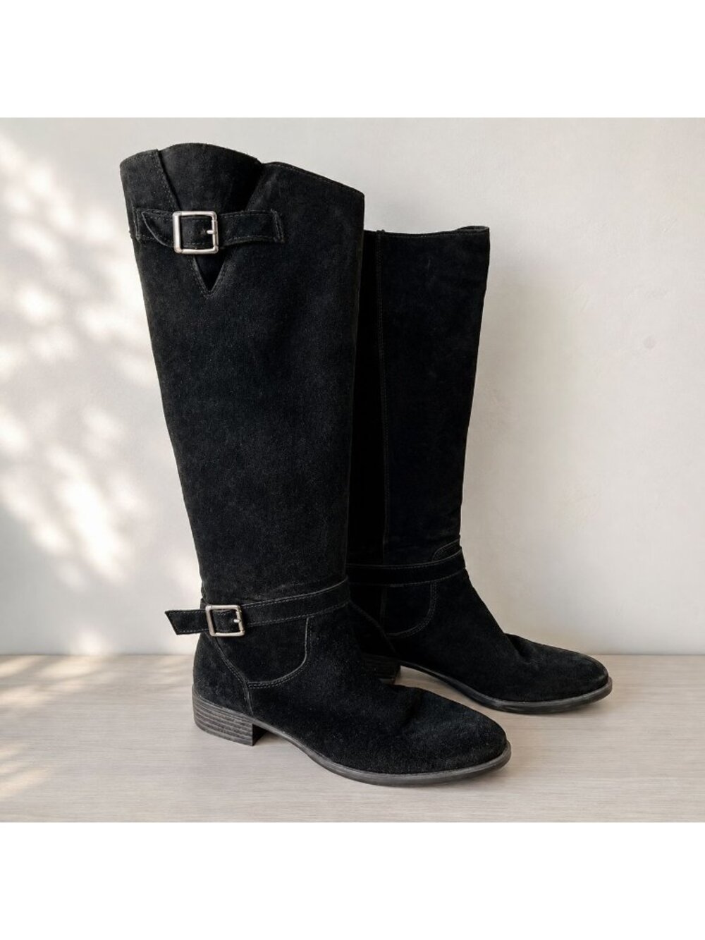 Sam Edelman Black Suede Knee High Riding Boots Buckle Equestrian Moto - Picture 1 of 14